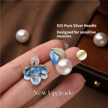 Luxury Porcelain Blue Gold Enamel Flower Pearl Earrings with Sparkling Zirconia - Vintage S925 Hypoallergenic Sterling Silver Needle