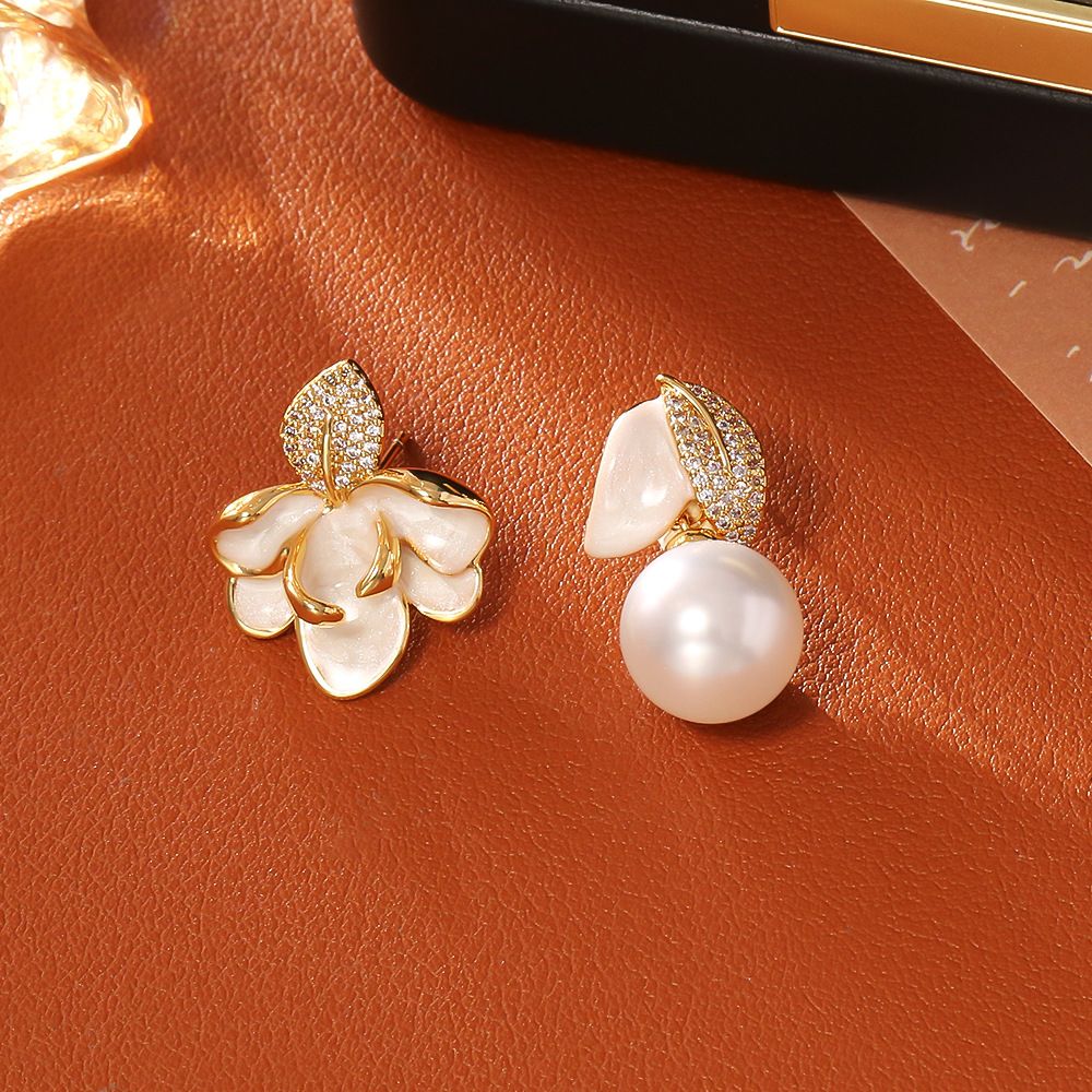 Luxury Porcelain White Gold Enamel Flower Pearl Earrings with Sparkling Zirconia - Vintage S925 Hypoallergenic Sterling Silver Needle