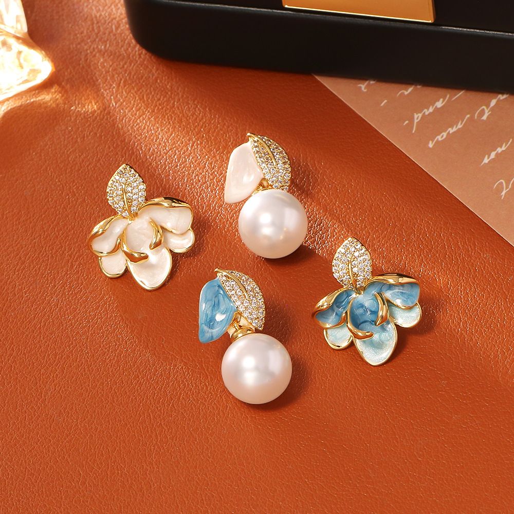 Luxury Porcelain White Gold Enamel Flower Pearl Earrings with Sparkling Zirconia - Vintage S925 Hypoallergenic Sterling Silver Needle