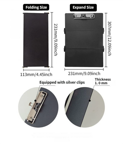Black Waterproof Aluminum Tri-Fold Nursing Clipboard with Pen Slot - Lightweight Pocket-Sized A4 Document Holder & 180Â° Flat Writing Pad