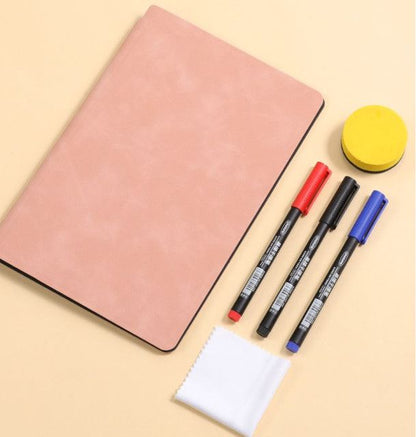 Pink A4 PU Leather Whiteboard Notebook with 3-Color Pens, Eraser & Cloth - Reusable Eco-Friendly Desktop Memo Pad & Handheld Writing Tablet