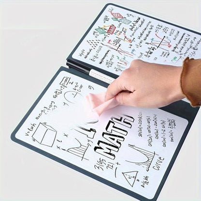 Blue A4 PU Leather Whiteboard Notebook with 3-Color Pens, Eraser & Cloth - Reusable Eco-Friendly Desktop Memo Pad & Handheld Writing Tablet