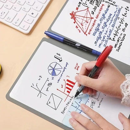 Blue A4 PU Leather Whiteboard Notebook with 3-Color Pens, Eraser & Cloth - Reusable Eco-Friendly Desktop Memo Pad & Handheld Writing Tablet