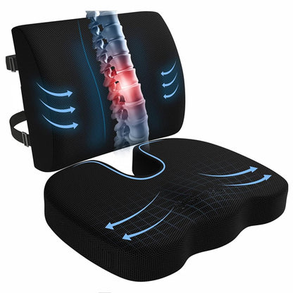 Ergonomic Memory Foam Seat Cushion & Lumbar Support Set - Breathable Mesh Orthopedic Relief Combo for Office & Car