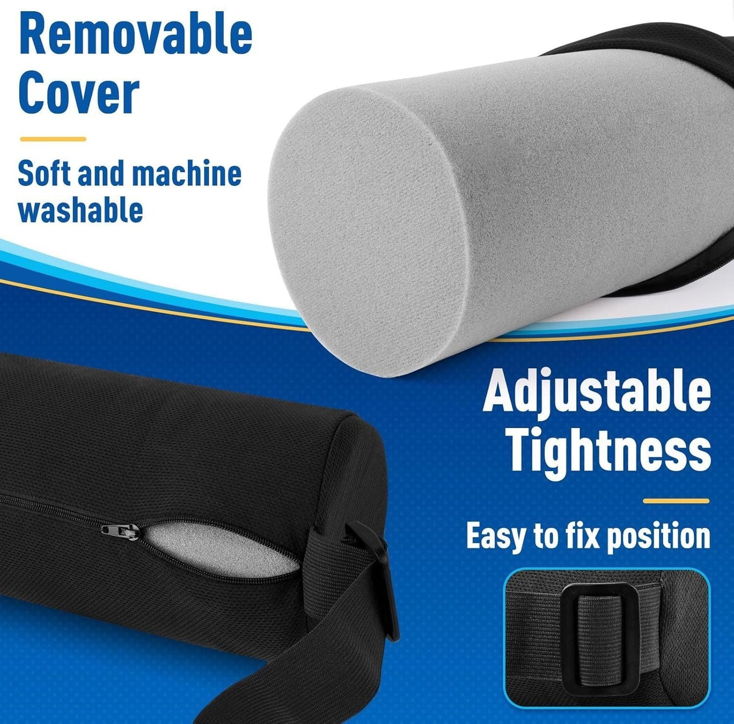 Black Portable McKenzie Method Ergonomic Lumbar Support Roll - Adjustable Memory Foam Cylinder Pillow with Breathable Cover