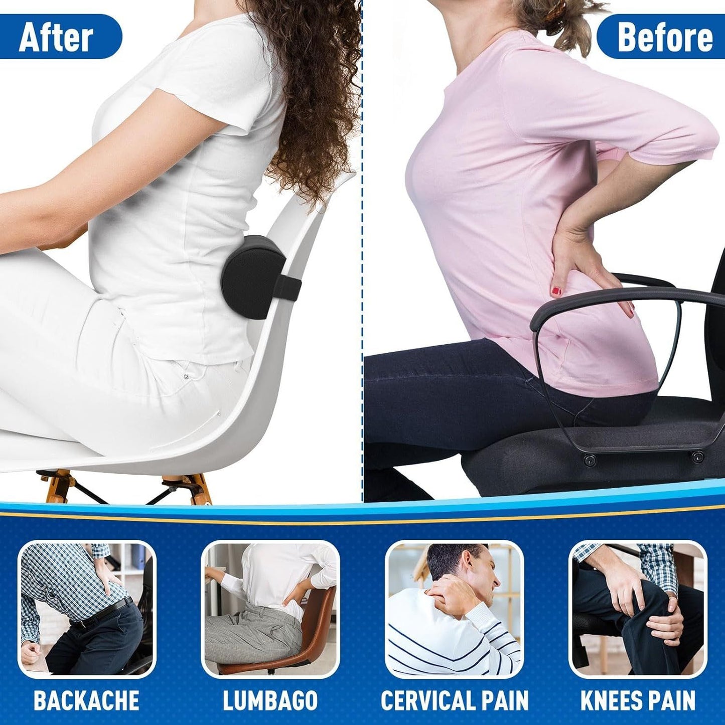 Blue Portable McKenzie Method Ergonomic Lumbar Support Roll - Adjustable Memory Foam Cylinder Pillow with Breathable Cover
