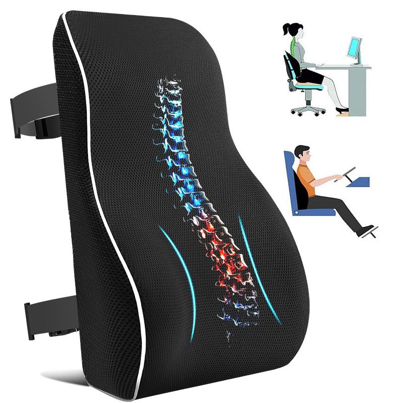 Black Large Ergonomic Memory Foam Lumbar Support Pillow & S Curve High-Back Cusion with Buckle Strap & Breathable Mesh Cover
