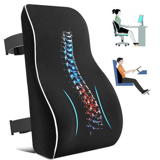 Black Large Ergonomic Memory Foam Lumbar Support Pillow & S Curve High-Back Cusion with Buckle Strap & Breathable Mesh Cover