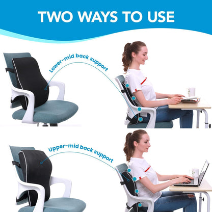 Black Large Ergonomic Memory Foam Lumbar Support Pillow & S Curve High-Back Cusion with Buckle Strap & Breathable Mesh Cover