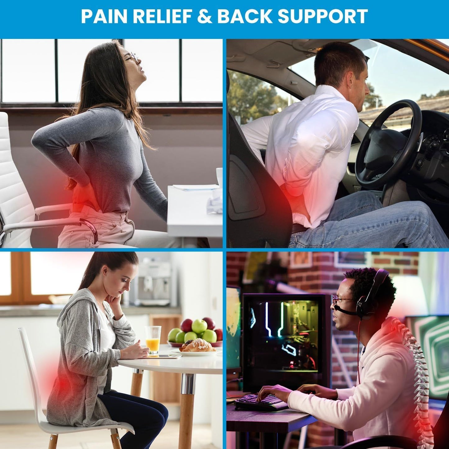 Black Large Ergonomic Memory Foam Lumbar Support Pillow & S Curve High-Back Cusion with Buckle Strap & Breathable Mesh Cover