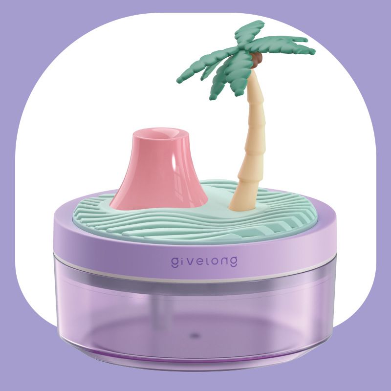 Coconut Tree Purple USB Portable Bionic Landscape Humidifier and Creative Potted Plant Air Diffuser - 7-Color Night Light & 2-Mode Mist Timer