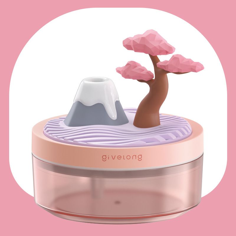 Cherry Blossom Pink USB Portable Bionic Landscape Humidifier and Creative Potted Plant Air Diffuser - 7-Color Night Light & 2-Mode Mist Timer