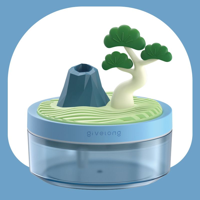 Pine Tree Blue USB Portable Bionic Landscape Humidifier and Creative Potted Plant Air Diffuser - 7-Color Night Light & 2-Mode Mist Timer