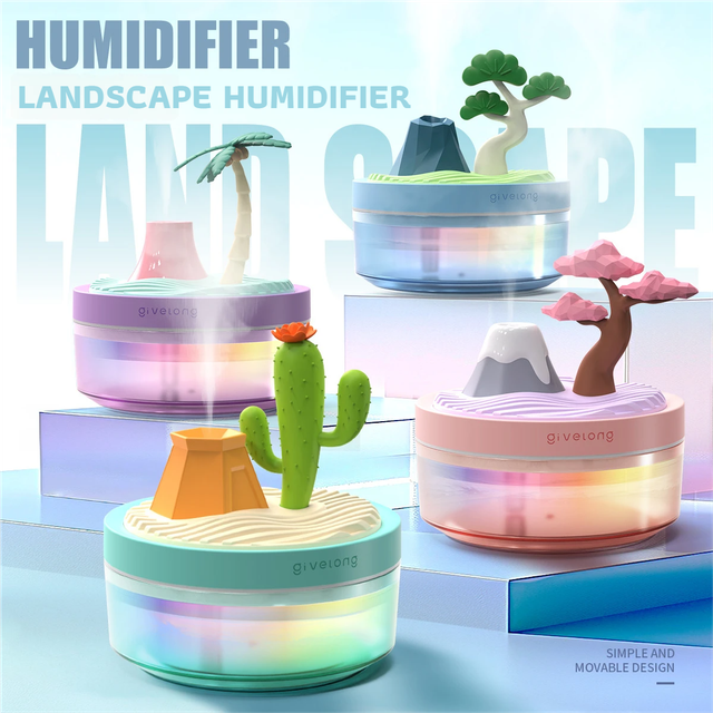 Pine Tree Blue USB Portable Bionic Landscape Humidifier and Creative Potted Plant Air Diffuser - 7-Color Night Light & 2-Mode Mist Timer