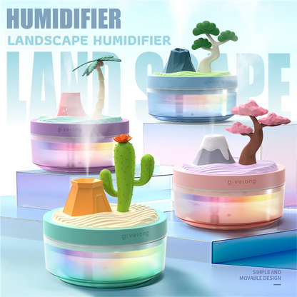 Coconut Tree & Cherry Blossom USB Portable Bionic Landscape Humidifier and Creative Potted Plant Air Diffuser - 7-Color Night Light & 2-Mode Mist Timer
