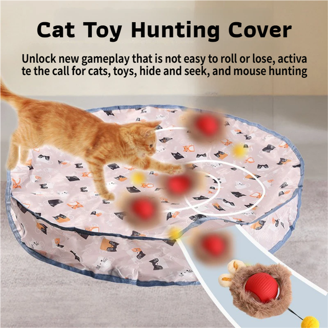 Interactive Hunting Hidden Prey Cat Toy Set - Red Plush Automatic Moving Ball & 72CM Large Crinkle Hunting Cover - Smart Obstacle Avoidance, USB Rechargeable
