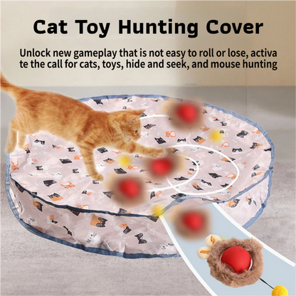 Interactive Hunting Hidden Prey Cat Toy Set - Red Plush Automatic Moving Ball & 72CM Large Crinkle Hunting Cover - Smart Obstacle Avoidance, USB Rechargeable