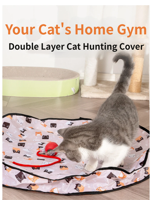 Interactive Hunting Hidden Prey Cat Toy Set - Red Plush Automatic Moving Ball & 72CM Large Crinkle Hunting Cover - Smart Obstacle Avoidance, USB Rechargeable
