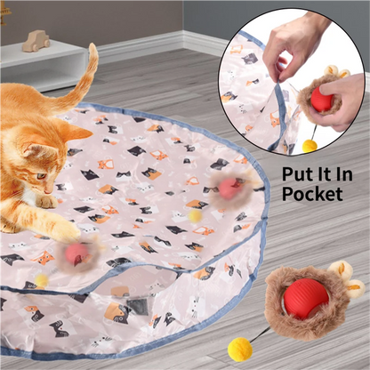 Interactive Hunting Hidden Prey Cat Toy Set - Red Plush Automatic Moving Ball & 72CM Large Crinkle Hunting Cover - Smart Obstacle Avoidance, USB Rechargeable