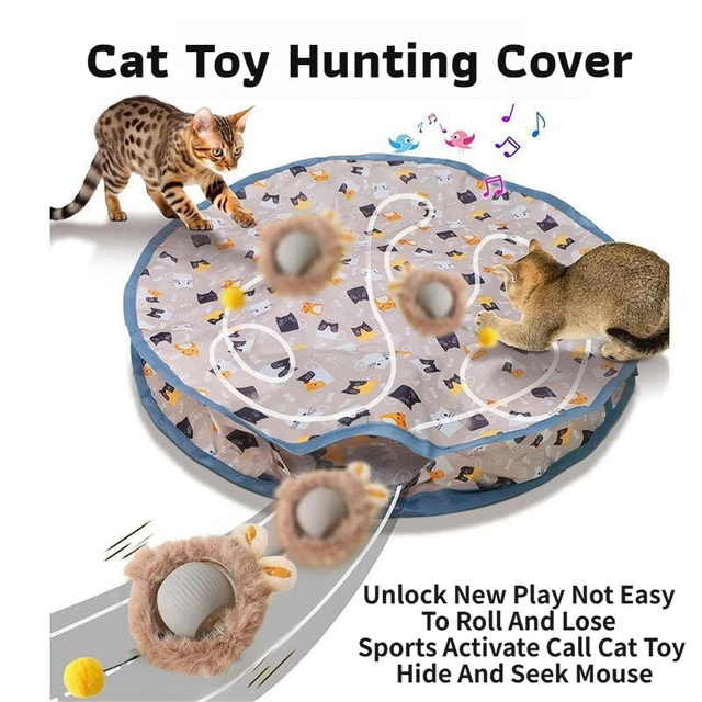 Interactive Hunting Hidden Prey Cat Toy Set - Grey Plush Automatic Moving Ball & 72CM Large Crinkle Hunting Cover - Smart Obstacle Avoidance, USB Rechargeable