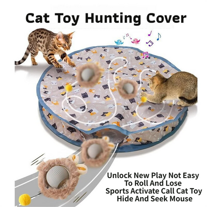 Interactive Hunting Hidden Prey Cat Toy Set - Grey Plush Automatic Moving Ball & 72CM Large Crinkle Hunting Cover - Smart Obstacle Avoidance, USB Rechargeable
