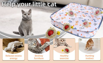 Interactive Hunting Hidden Prey Cat Toy Set - Grey Plush Automatic Moving Ball & 72CM Large Crinkle Hunting Cover - Smart Obstacle Avoidance, USB Rechargeable