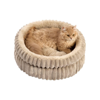 50x50x18 CM Brown Ultra-Soft Thickened Round Pet Bed with Stripe Texture - Plush Self-Warming Donut Nest for Cats and Small Dogs