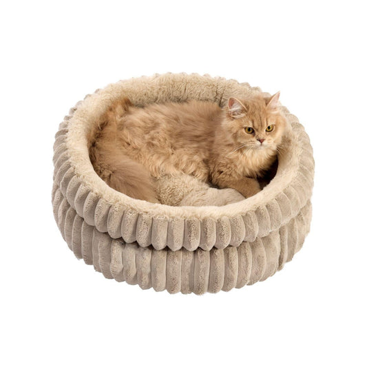 50x50x18 CM Brown Ultra-Soft Thickened Round Pet Bed with Stripe Texture - Plush Self-Warming Donut Nest for Cats and Small Dogs