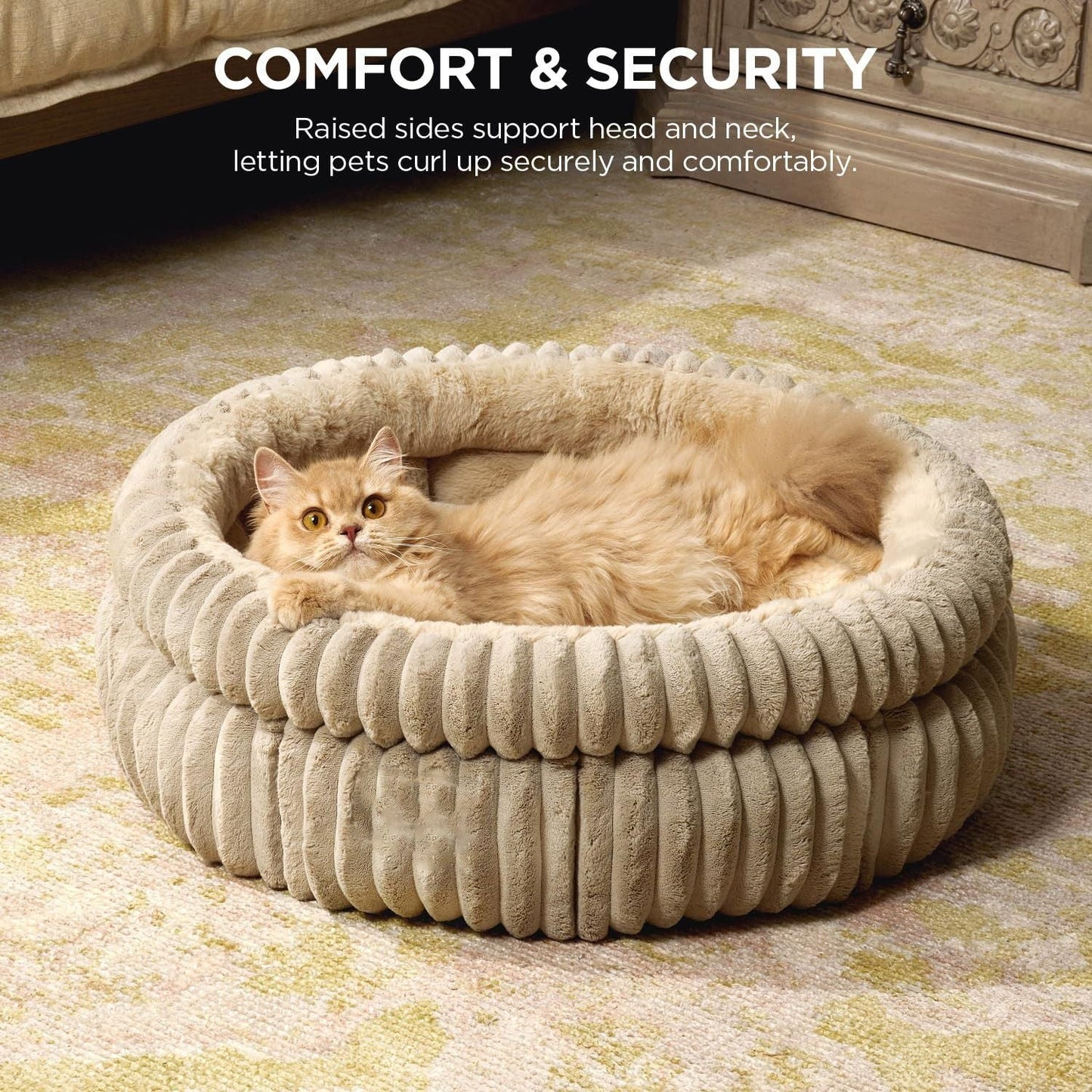 50x50x18 CM Brown Ultra-Soft Thickened Round Pet Bed with Stripe Texture - Plush Self-Warming Donut Nest for Cats and Small Dogs