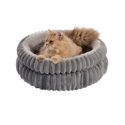 50x50x18 CM Grey Ultra-Soft Thickened Round Pet Bed with Stripe Texture - Plush Self-Warming Donut Nest for Cats and Small Dogs