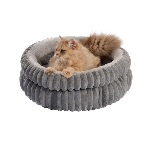 50x50x18 CM Grey Ultra-Soft Thickened Round Pet Bed with Stripe Texture - Plush Self-Warming Donut Nest for Cats and Small Dogs
