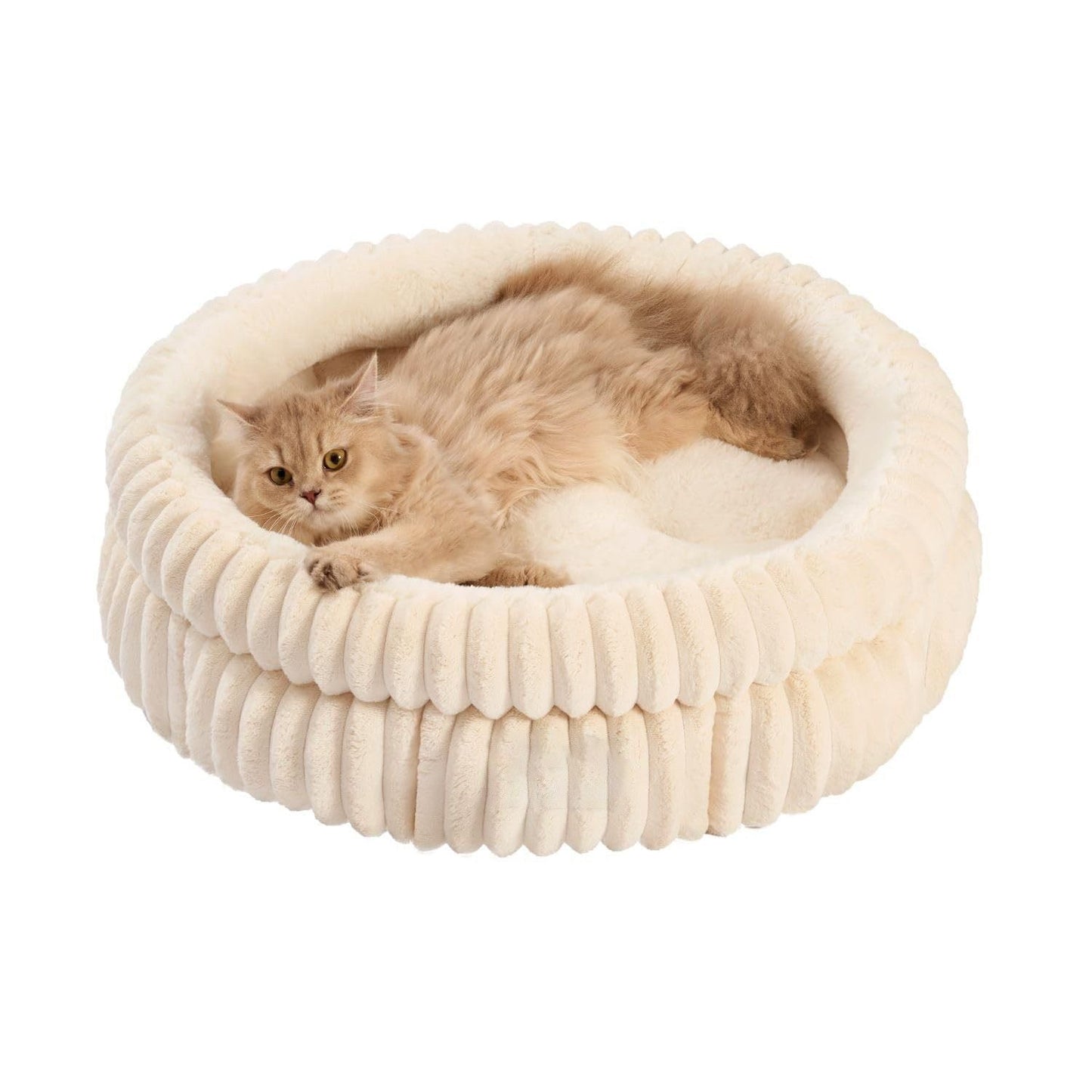 50x50x18 CM Beige Ultra-Soft Thickened Round Pet Bed with Stripe Texture - Plush Self-Warming Donut Nest for Cats and Small Dogs