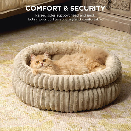 50x50x18 CM Beige Ultra-Soft Thickened Round Pet Bed with Stripe Texture - Plush Self-Warming Donut Nest for Cats and Small Dogs