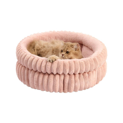 50x50x18 CM Pink Ultra-Soft Thickened Round Pet Bed with Stripe Texture - Plush Self-Warming Donut Nest for Cats and Small Dogs
