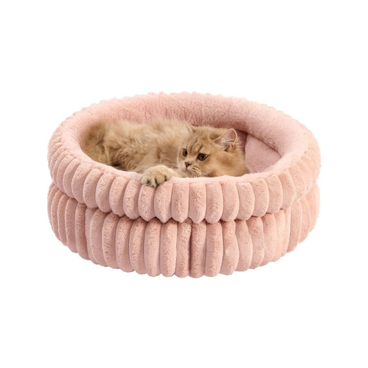 50x50x18 CM Pink Ultra-Soft Thickened Round Pet Bed with Stripe Texture - Plush Self-Warming Donut Nest for Cats and Small Dogs
