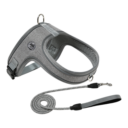 M Size Grey Waterproof Reflective Saddle-Style Dog Harness & 1.5M Leash Set - Breathable Anti-Choke Escape-Proof Step-In Walking Gear