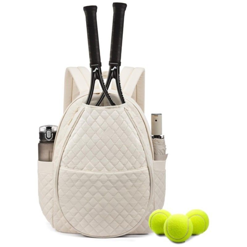 Beige Large Tennis & Pickleball Quilted Backpack and Sports Travel Tote for Men and Women - Racket Compartment, 2 Side Pockets & Multi-Pocket Organization (32x17x44.5 CM)