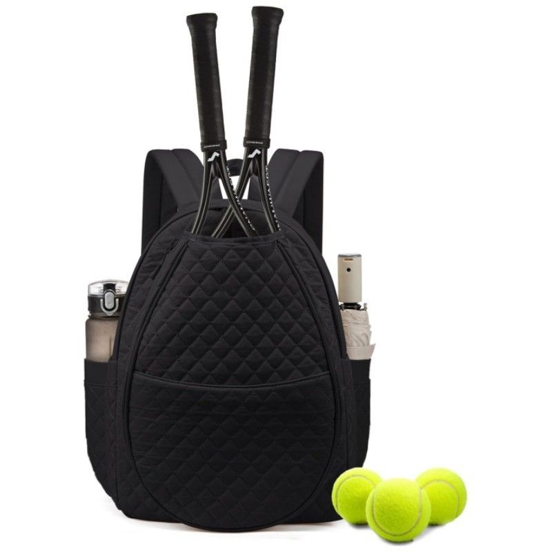 Black Large Tennis & Pickleball Quilted Backpack and Sports Travel Tote for Men and Women - Racket Compartment, 2 Side Pockets & Multi-Pocket Organization (32x17x44.5 CM)