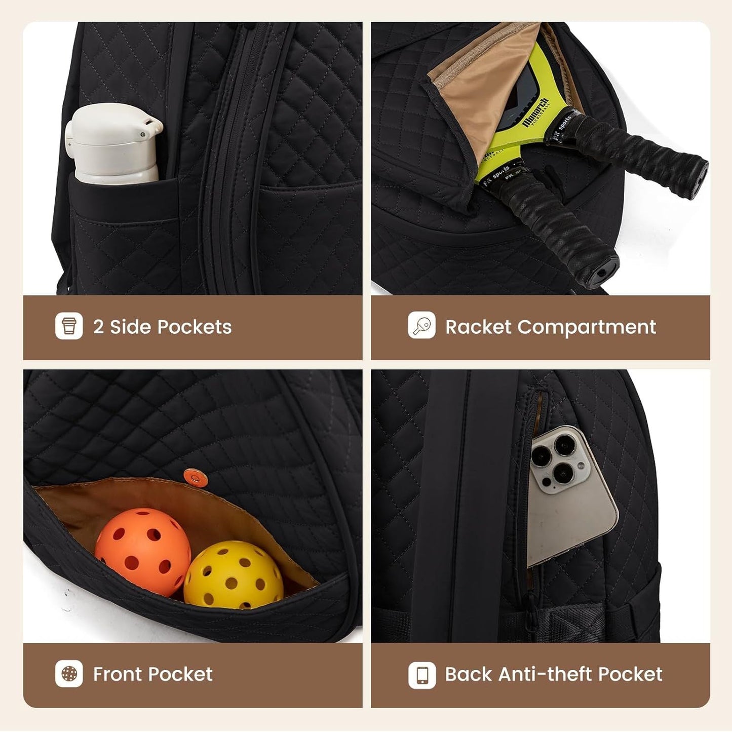 Black Large Tennis & Pickleball Quilted Backpack and Sports Travel Tote for Men and Women - Racket Compartment, 2 Side Pockets & Multi-Pocket Organization (32x17x44.5 CM)