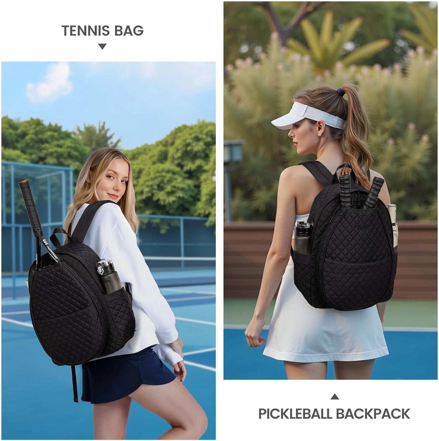Black Large Tennis & Pickleball Quilted Backpack and Sports Travel Tote for Men and Women - Racket Compartment, 2 Side Pockets & Multi-Pocket Organization (32x17x44.5 CM)