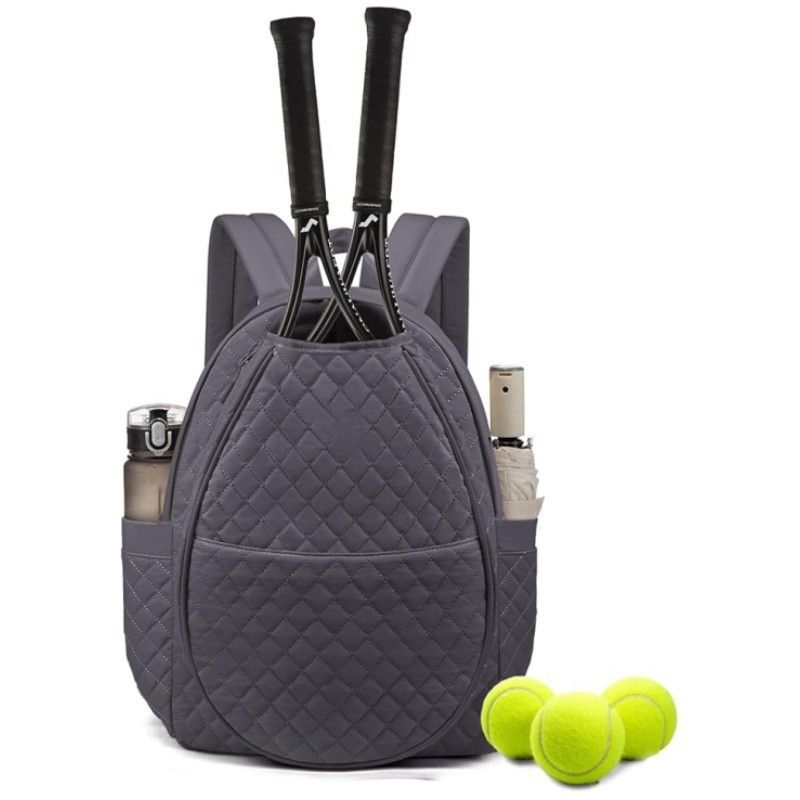 Grey Large Tennis & Pickleball Quilted Backpack and Sports Travel Tote for Men and Women - Racket Compartment, 2 Side Pockets & Multi-Pocket Organization (32x17x44.5 CM)