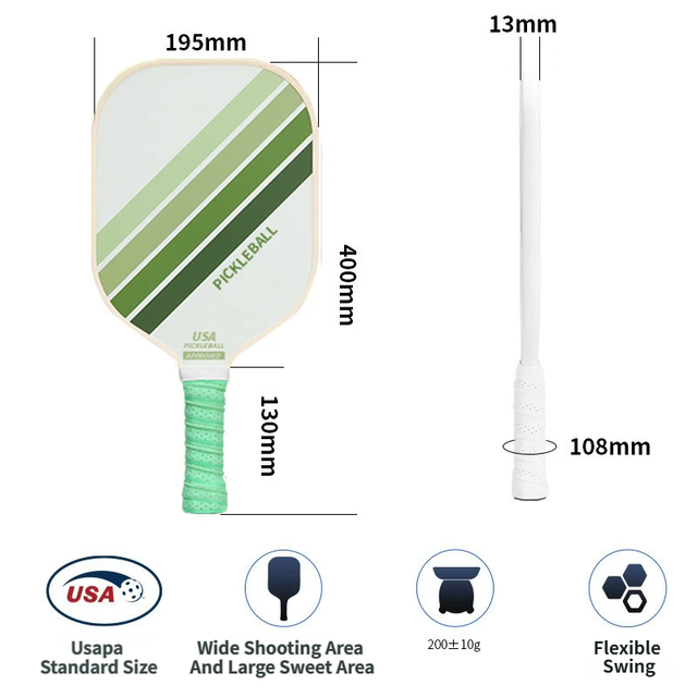 Green Striped Fiberglass Pickleball Paddle with Neoprene Protective Cover - Shock Absorbing Honeycomb Core & Anti-Slip Grip - USAPA Standard Lightweight Sports Racket