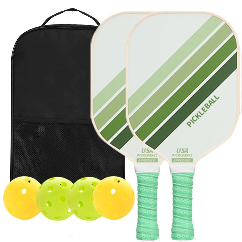 2PCS Green Striped Fiberglass Pickleball Paddles & 4PCS Balls Set with Black Carry Bag - Shock Absorbing Honeycomb Core & Anti-Slip Grip - USAPA Standard Lightweight Sports Racket