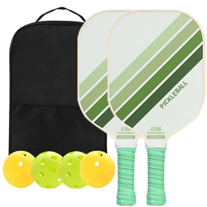 2PCS Green Striped Fiberglass Pickleball Paddles & 4PCS Balls Set with Black Carry Bag - Shock Absorbing Honeycomb Core & Anti-Slip Grip - USAPA Standard Lightweight Sports Racket
