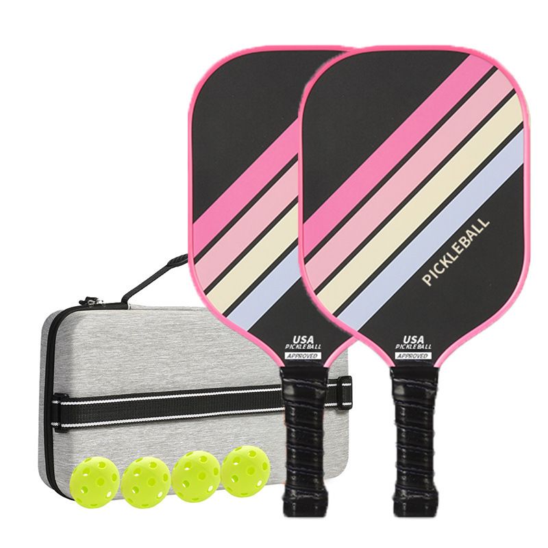 2PCS Pink Striped Fiberglass Pickleball Paddles & 4PCS Balls Set with Hardshell Storage Box - Shock Absorbing Honeycomb Core & Anti-Slip Grip - USAPA Standard Lightweight Sports Racket