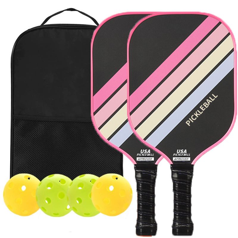 2PCS Pink Striped Fiberglass Pickleball Paddles & 4PCS Balls Set with Black Carry Bag - Shock Absorbing Honeycomb Core & Anti-Slip Grip - USAPA Standard Lightweight Sports Racket
