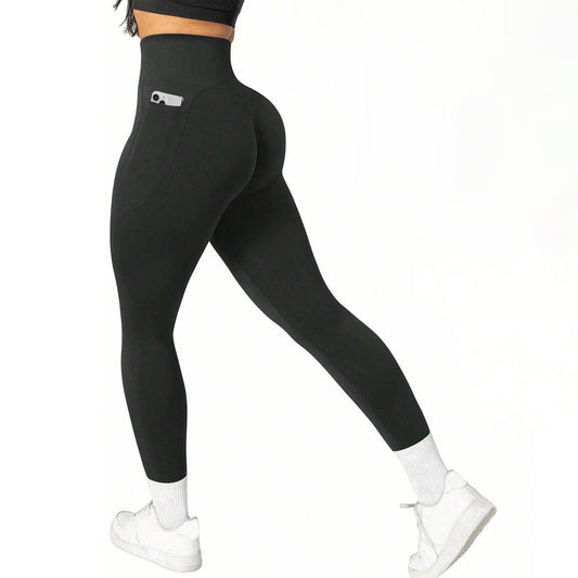 S Size Black Breathable High-Waist Ruched Butt-Lift Yoga Leggings - Dual Pockets & No Front T - LineNaked-Feel Performance Tights for Gym, Running & Pilates