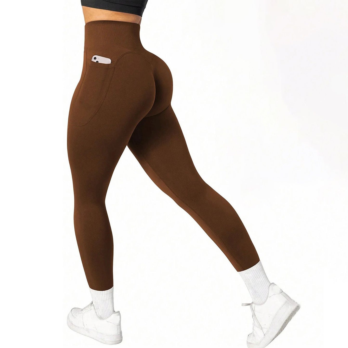 M Size Coffee Breathable High-Waist Ruched Butt-Lift Yoga Leggings - Dual Pockets & No Front T - LineNaked-Feel Performance Tights for Gym, Running & Pilates