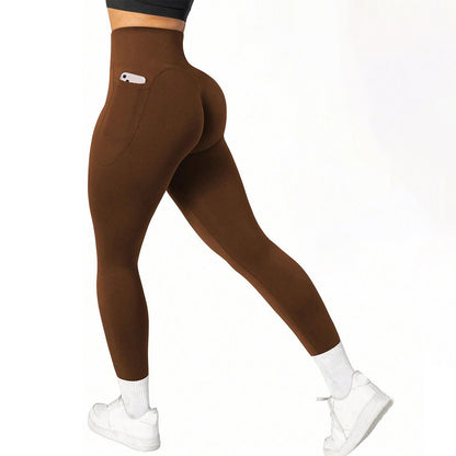M Size Coffee Breathable High-Waist Ruched Butt-Lift Yoga Leggings - Dual Pockets & No Front T - LineNaked-Feel Performance Tights for Gym, Running & Pilates