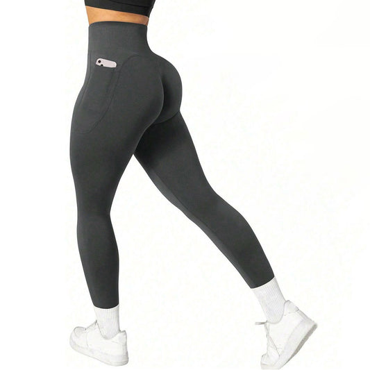 M Size Dark Grey Breathable High-Waist Ruched Butt-Lift Yoga Leggings - Dual Pockets & No Front T - LineNaked-Feel Performance Tights for Gym, Running & Pilates